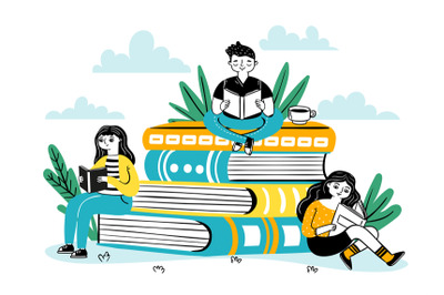 Reading on pile of books. Happy students sit on big book stack, read a