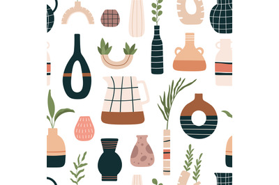 Vase seamless pattern. Ceramic vases, jugs and jars with tropical leav