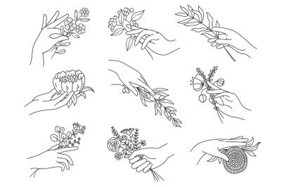 Hands holding flowers. Outline female hand with bouquets, olive branch