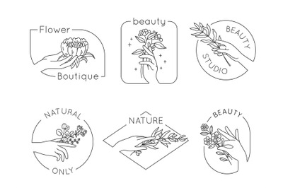 Line hand and flower logos. Floral beauty salon, spa and cosmetics log