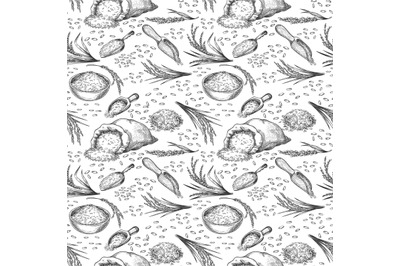 Sketch rice seamless pattern. Outline cereal ears, bag and bowl with g