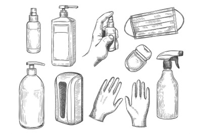 Sketch sanitizer bottle. Personal protective equipment. Medical mask&2C;