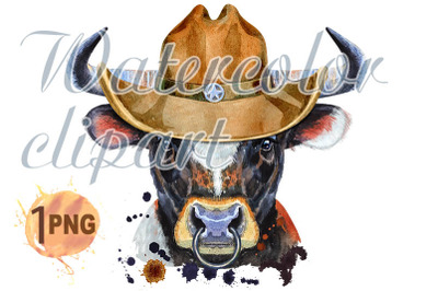 Watercolor illustration of black bull with white spot in a cowboy hat