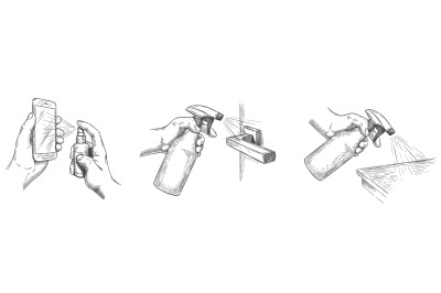 Surface cleaning sketch. Disinfect house surfaces and door handle with