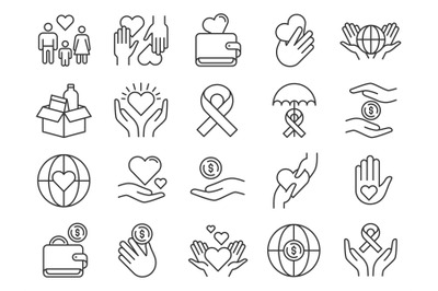 Charity and donation icon. Hands donating money and hearts. Community