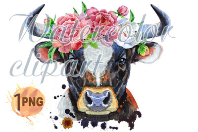 Watercolor illustration of black bull in peonies wreath