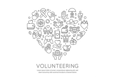 Volunteer line poster. Charity and donation banner&2C; heart shaped icons