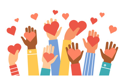 Hands donate hearts. Charity, volunteer and community help symbol with