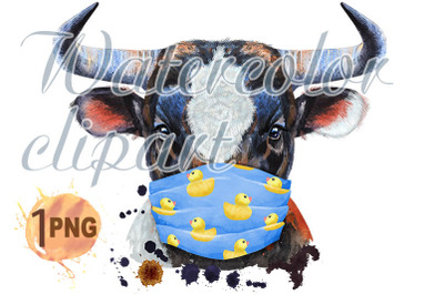 Watercolor illustration of black bull in protective mask