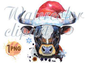 Watercolor illustration of black bull in Santa hat