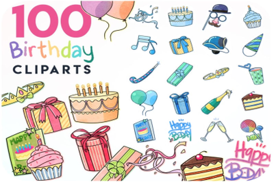 100 Birthday sticker kit  Digital stickers &amp; party cliparts