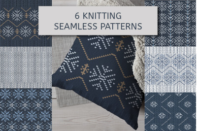6 Knitted seamless patterns with snowflakes