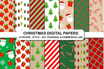 Christmas pattern digital paper set, Candy cane, Santa claus
