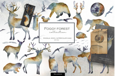 Foggy forest collection. Watercolor animals.