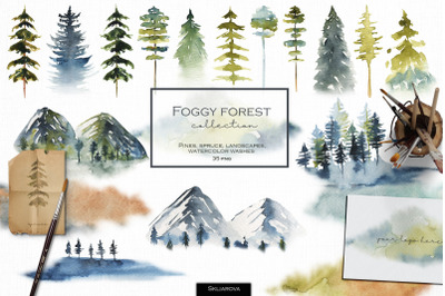 Foggy forest collection. Watercolor trees &amp; landscapes.