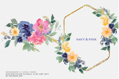 Navy Pink Watercolor Floral Clipart Set