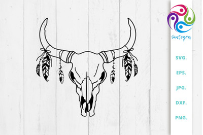 Cow Boho Skull With Feathers Svg File