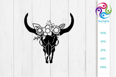 Cow Boho Skull With Flowers