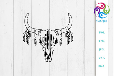 Cow Medallion Skull With Feathers Svg File