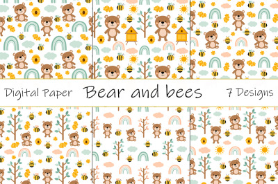 Bear and bees pattern. Bear honey pattern. Bees honey SVG.