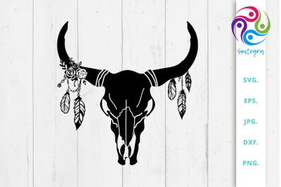 Gorgeous Cow Skull With Feathers Svg File