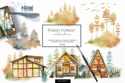 Foggy forest collection. Cabins &amp; landscapes.