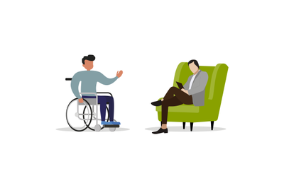 Psychologist consulting invalid on wheelchair. Vector psychotherapy to