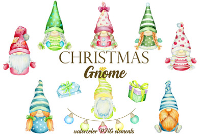 Christmas Gnome Clipart. Watercolor Scandinavian cute gnomes and holid