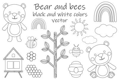 Bear and bees black and white coloring. Bear SVG. Bees SVG