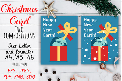 Christmas Card. Happy New year, earth. Card design SVG, PNG, PDF.