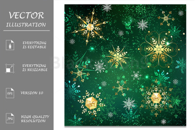 Golden Snowflakes on Green Background