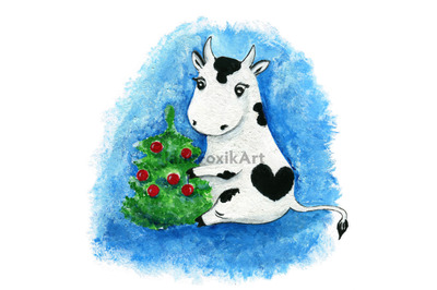 Cow decorating Christmas tree. New year card