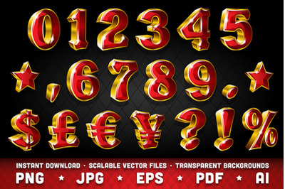 Set of Vector Casino Style Gold Numbers and Currency Symbols