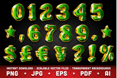 Set of Vector Shiny Gold Numbers and Currency Symbols