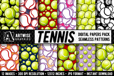 Tennis Balls Digital Paper Graphics Sports Balls Seamless Patterns