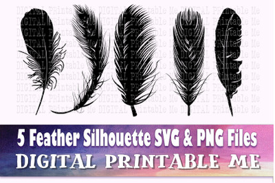 Feather Silhouette SVG Bundle, 5 Realistic PNG, bird quill, Clip Art P