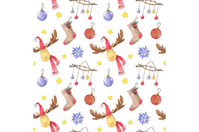 Watercolor Christmas, New Year seamless pattern