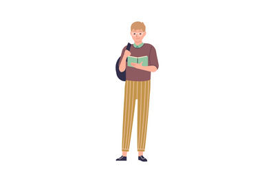 Smart man with book. Male character in glasses with backpack read, stu