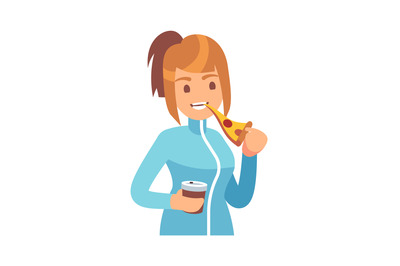 Woman eating pizza. Hungry female character with tasty fast food and s