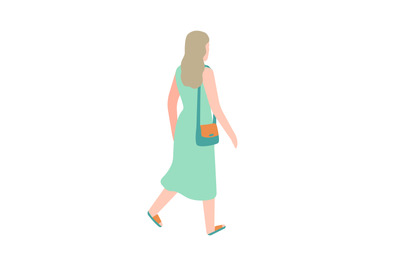 Woman walking or going to job. Cartoon female person walks in park gir