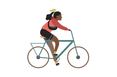 Young character riding bicycle. Black african girl rides on bike. Woma