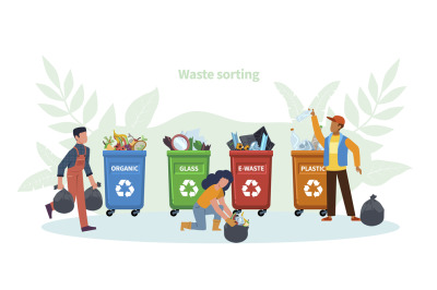 Waste management concept. People throw garbage in containers, women an