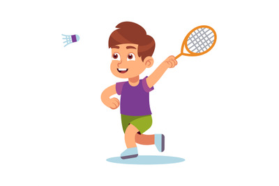 Boy plays badminton. Happy preschool athlete with racket and shuttleco