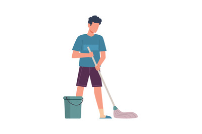 Men doing chores. Male character washes floor with mop, cleaning home