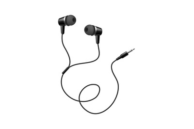 Music earphones. Realistic black audio headphone, electronic personal