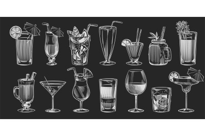 Hand drawn cocktails. Sketch cocktail set on black background chalk dr