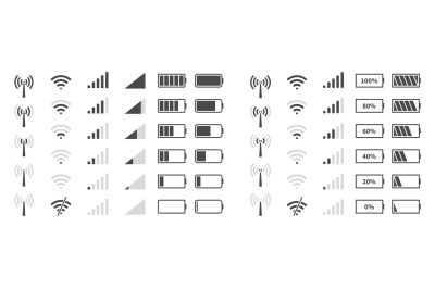 Wifi signal level. Battery charge black sign, mobile network and anten