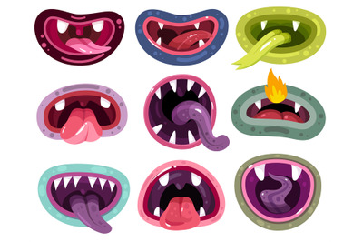 Monster mouth. Funny jaws, laugh bizarre creatures. Maw, tongue and mu