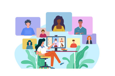 Video conference. Woman at desk provides collective virtual chat. Onli