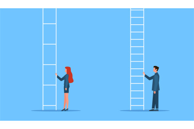 Gender equality. Genders gap, man and woman stand at career ladder, di